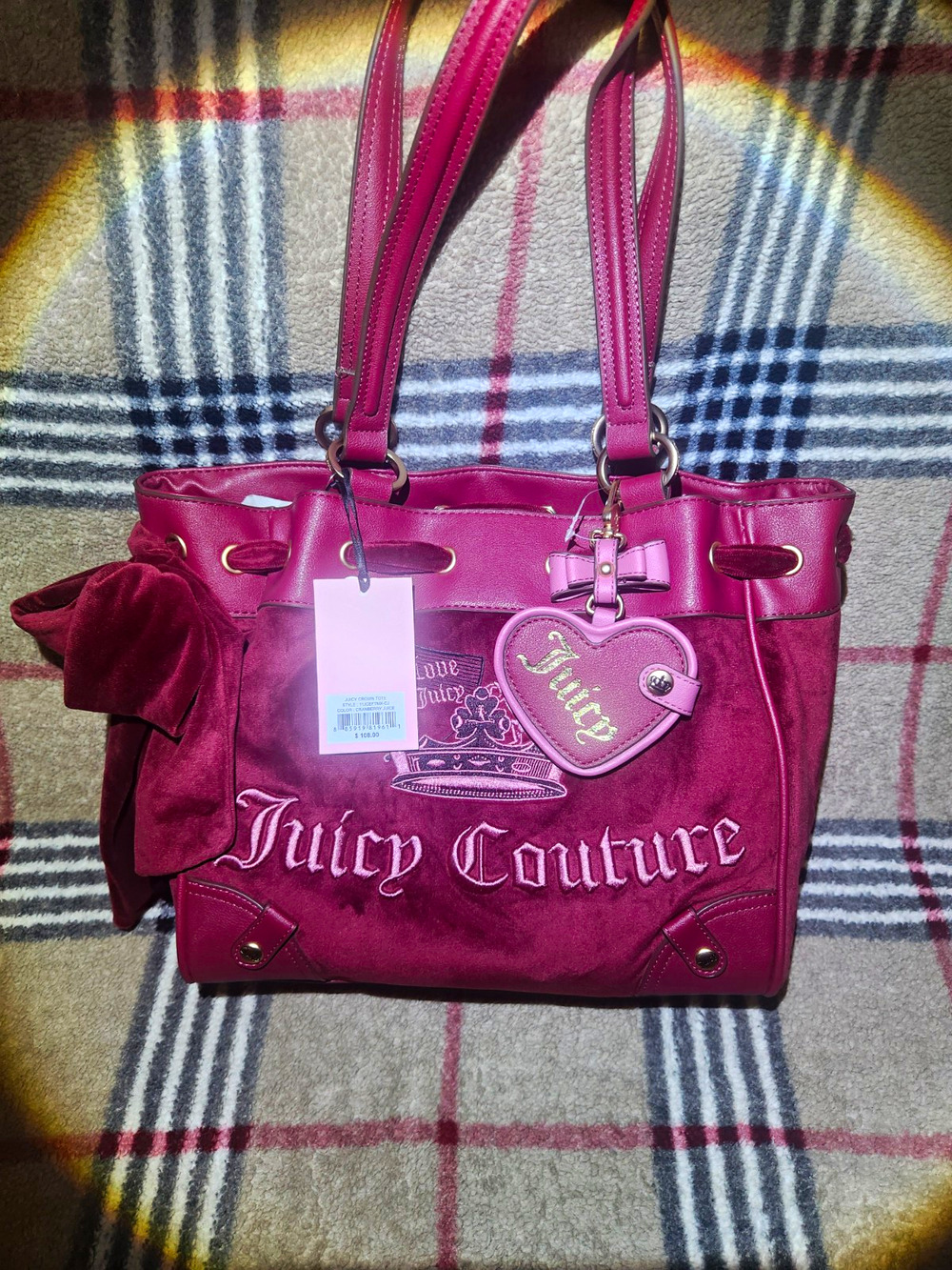 Juicy Couture Juicy Crown Tote Burgundy Velour Vinyl Trim Bow Heart Crown